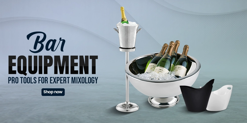 Banner featuring commercial bar equipment including double and triple door coolers, essential for expert mixology and beverage storage.